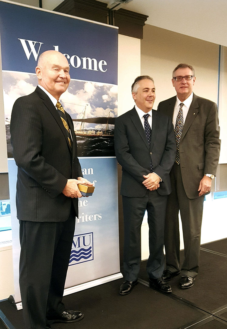 Rear Admiral Mark Buzby, USN, Ret., Maritime Administrator, U.S. Maritime Administration;  Drew Feldman, AIMU Chairman;   Christopher J. Wiernicki, ABS Chairman, President and CEO